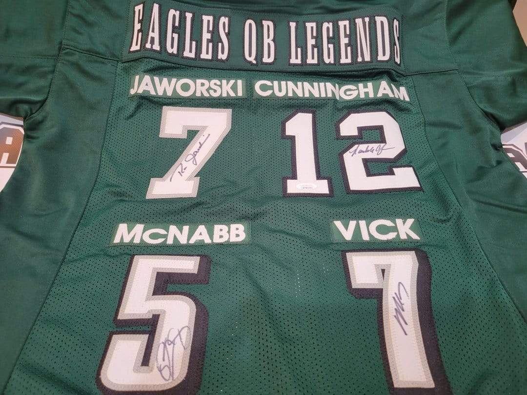 footballcollectible McNabb, Vick, Cunningham, Jaworski Autographed Philadelphia Eagles QB Legends Jersey