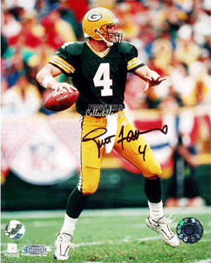 Autographed Photographs Brett Favre Autographed In Green Jersey Passing 8x10 Photograph