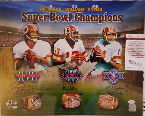 Autographed Photographs Washington Super bowl Quarterbacks, Williams, Theismann, Rypien, Triple Autographed 16" x 20" color poster