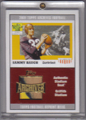 Football Cards, Jersey Sammy Baugh Topps Archive Card with Griffith Stadium seat relic