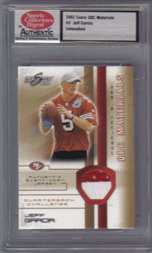 cheap graded football cards Jeff Garcia 2002 Score #14 QBC Materials Card